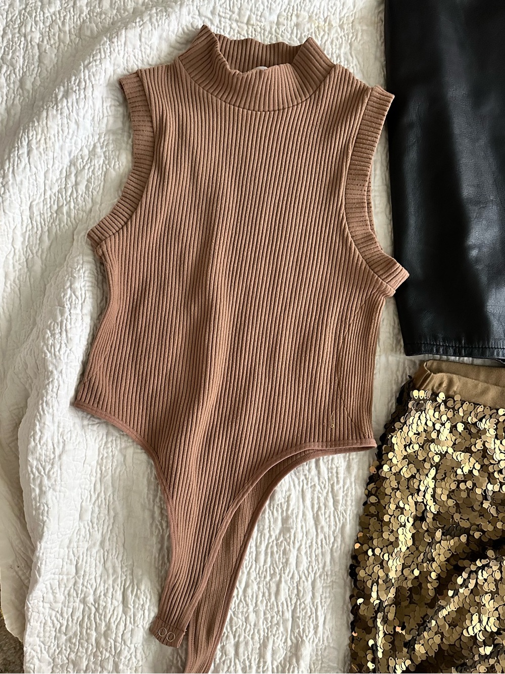 Sleeveless Ribbed Mock Neck Bodysuit - Tan